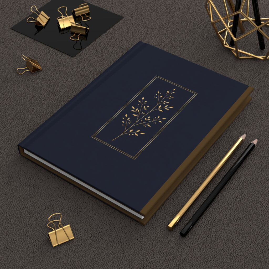 Navy Hardcover Journal — Gold Botanical Foil Design, Elegant Personal Notebook
