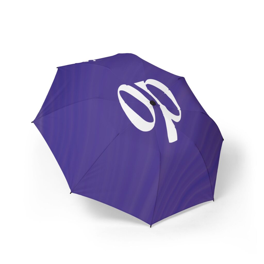 Purple Foldable Umbrella with White Ribbon Logo – Semi-Automatic Compact Rain Umbrella